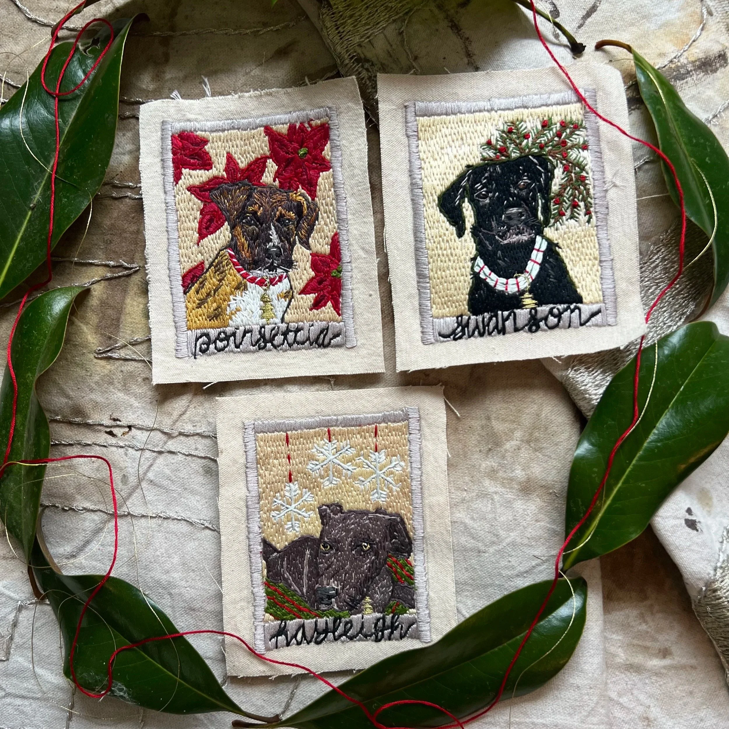 Hand stitched holiday pet portraits.