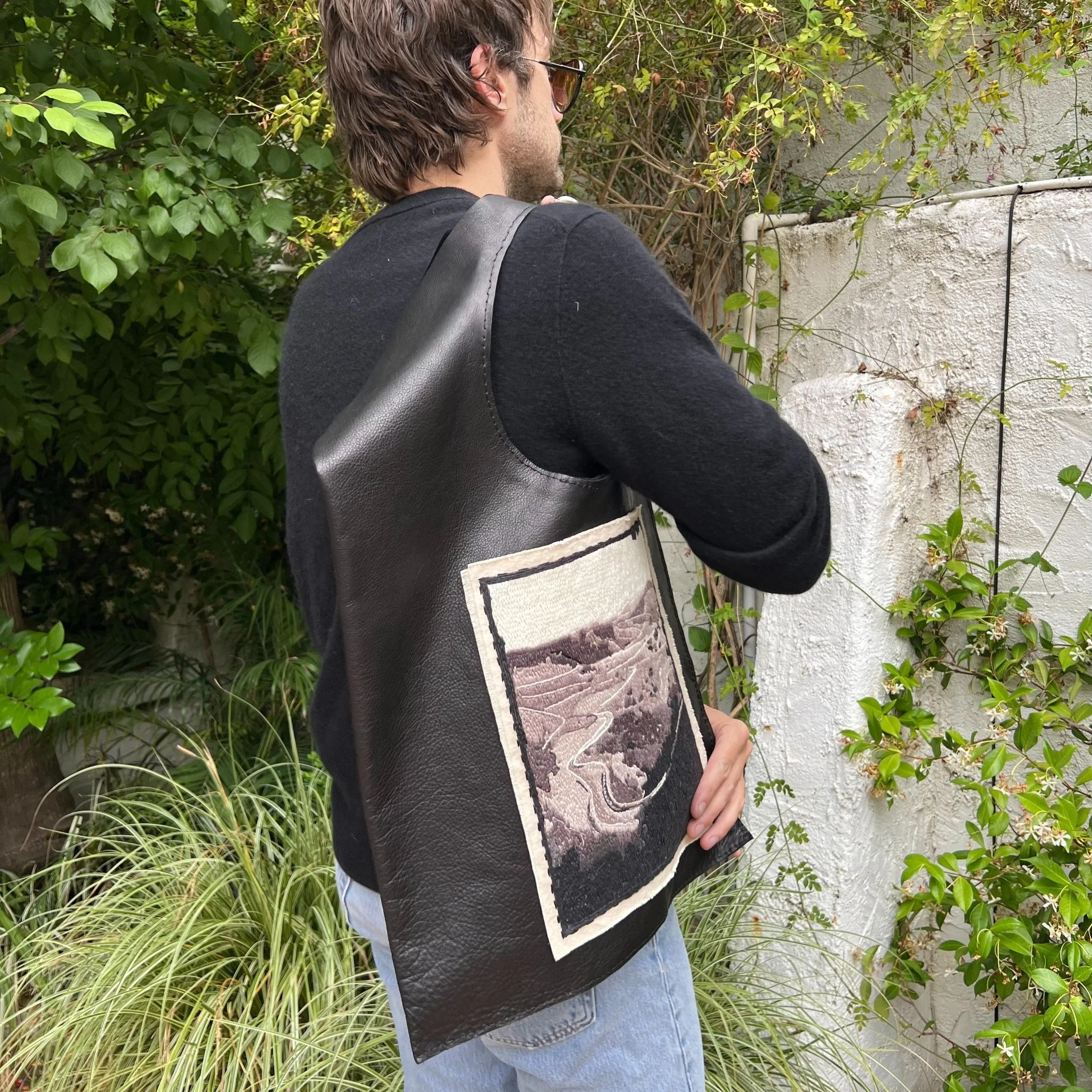 architectural leather bag with embroidered detail