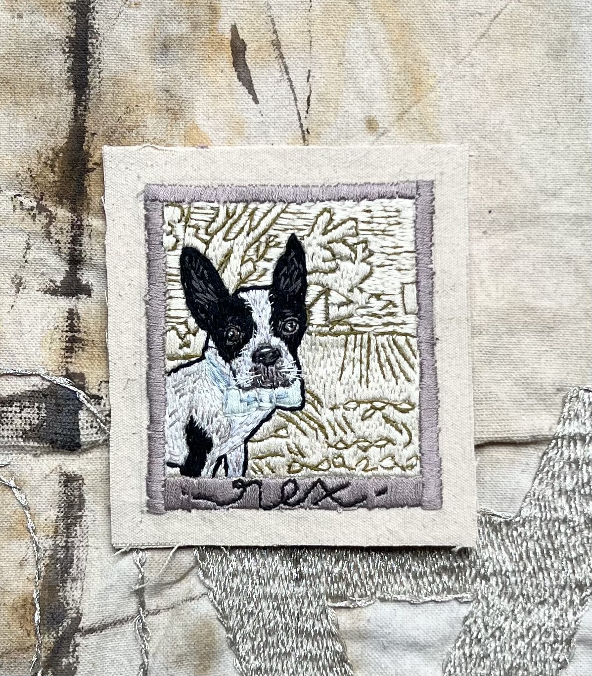 custom pet portrait of a frenchie against an imagined southern Louisiana toile.