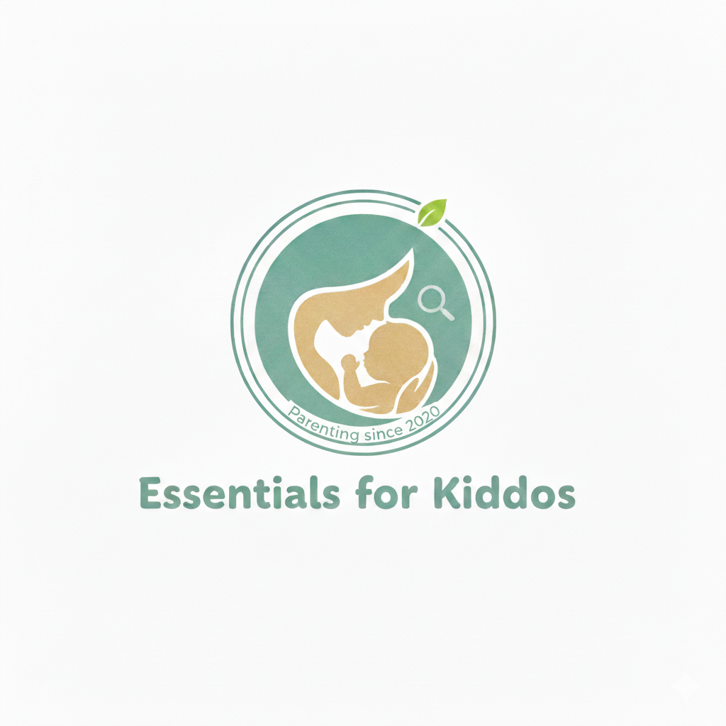 Logo with a stylized mother and child inside a circular frame, a small leaf at the top, and a magnifying glass icon. Text reads "Parenting since 2020" and "Essentials for Kiddos."