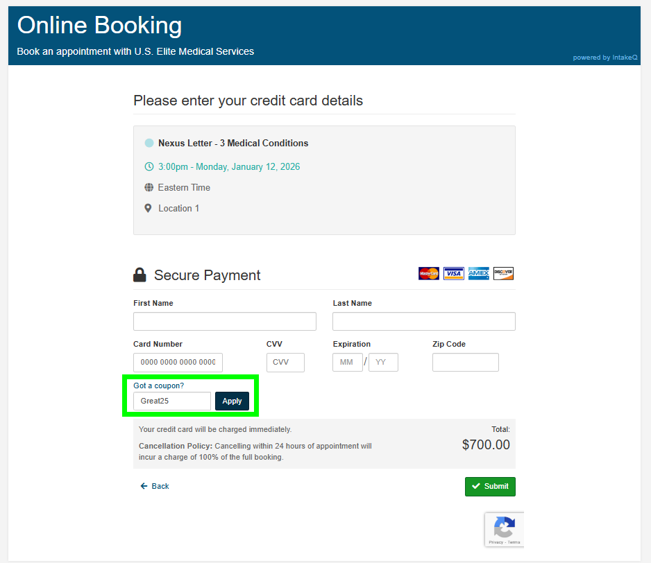 Online medical appointment booking webpage with fields for credit card details, a coupon code, and a calendar appointment for January 12, 2026, at 3:00 pm.