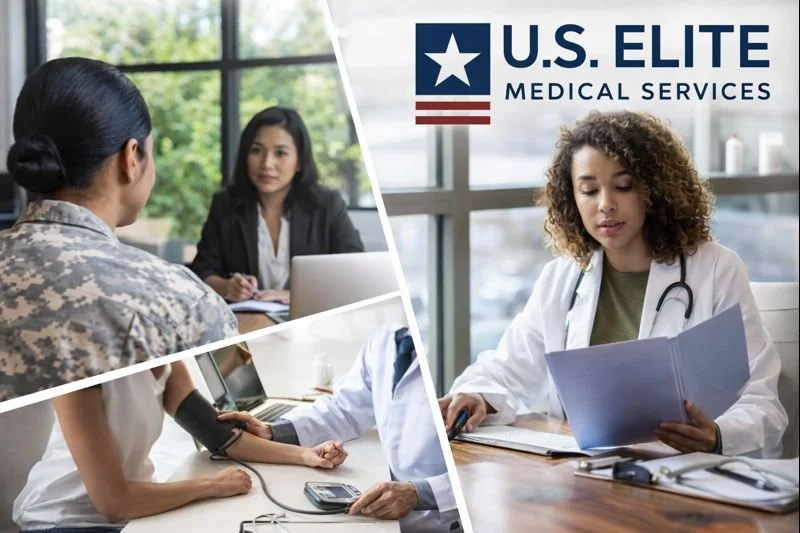 Collage of U.S. Elite Medical Services logo and scenes of medical professionals and a patient in a consultation.
