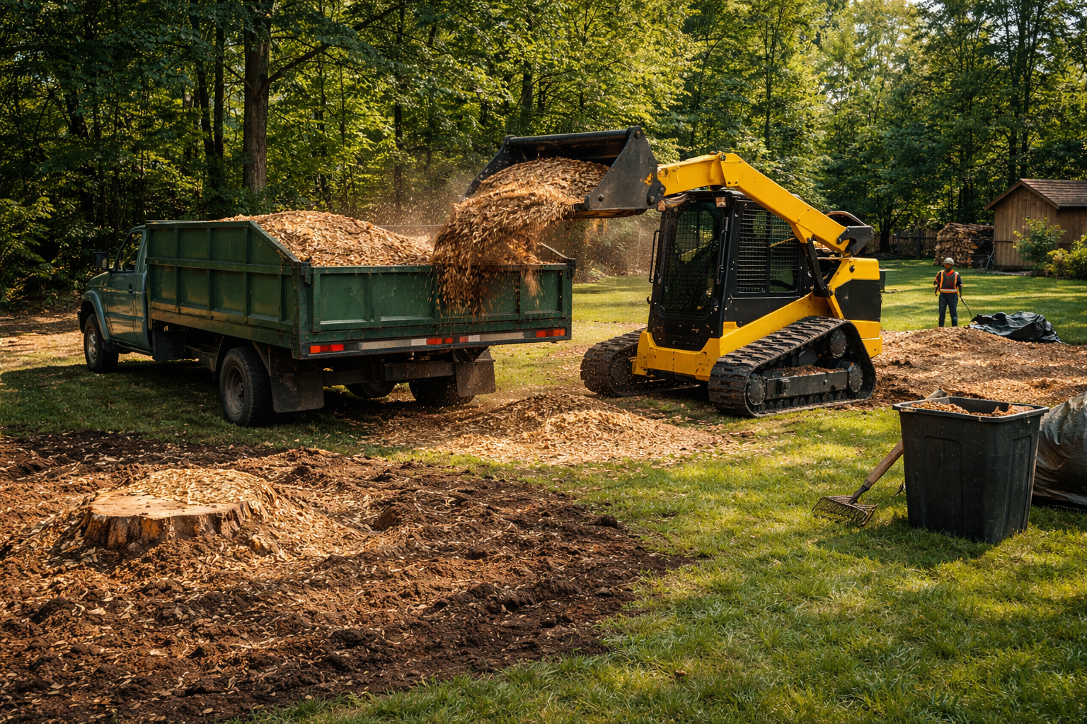 A yellow skid-steer loader unloading mulch into a green dump truck in a backyard surrounded by trees, with a person working in the background.