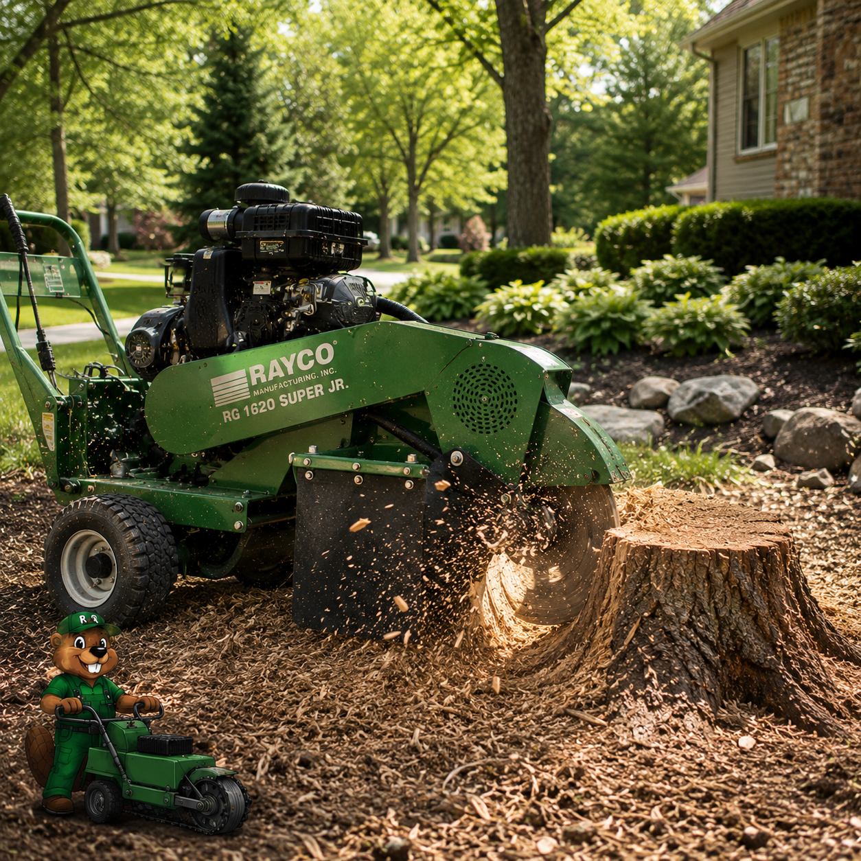 Root & Gone stump grinder removing a tree stump with wood chips around the work area.