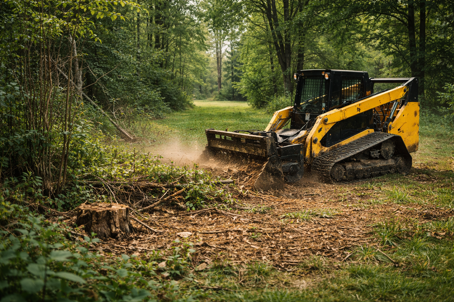 A yellow and black bulldozer clears trees and brush in a wooded area with green trees and grass.