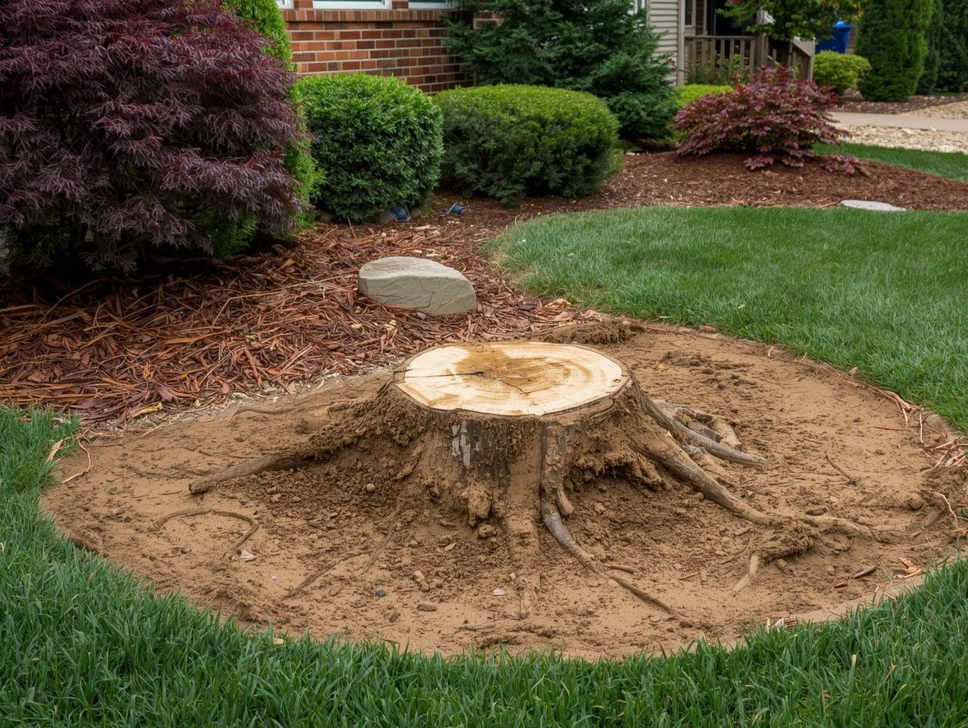 A tree stump with roots exposed in a landscaped yard, surrounded by grass, mulch, and bushes.