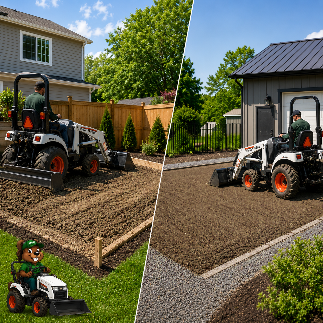 Before and after small site prep area completed with compact tractor equipment for a residential property.