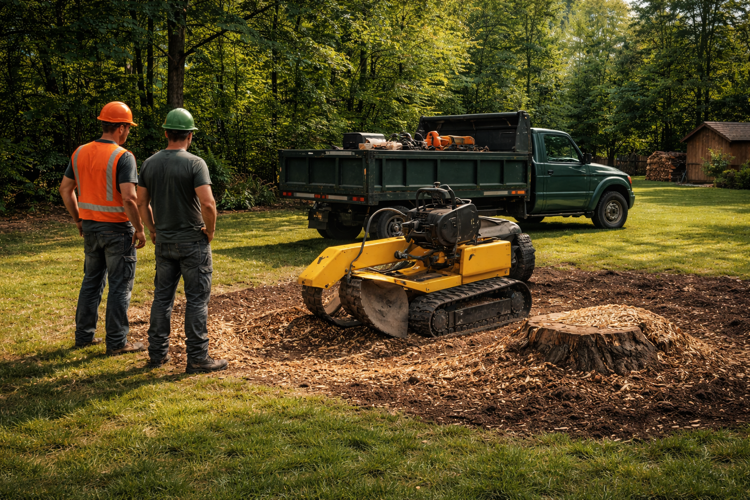Two workers with safety helmets and vests standing in front of a small yellow stump grinding machine and a green truck in a wooded backyard, where a large tree has been cut down.