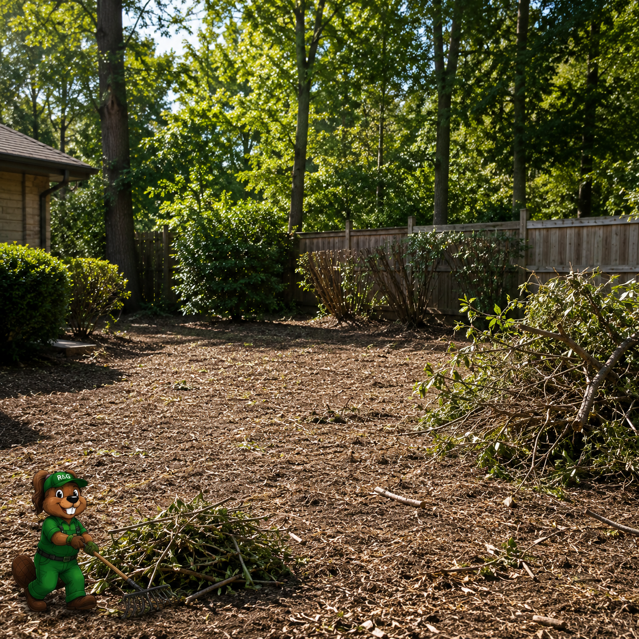 Cleared backyard area with brush and debris cleanup for Root & Gone property cleanup services.