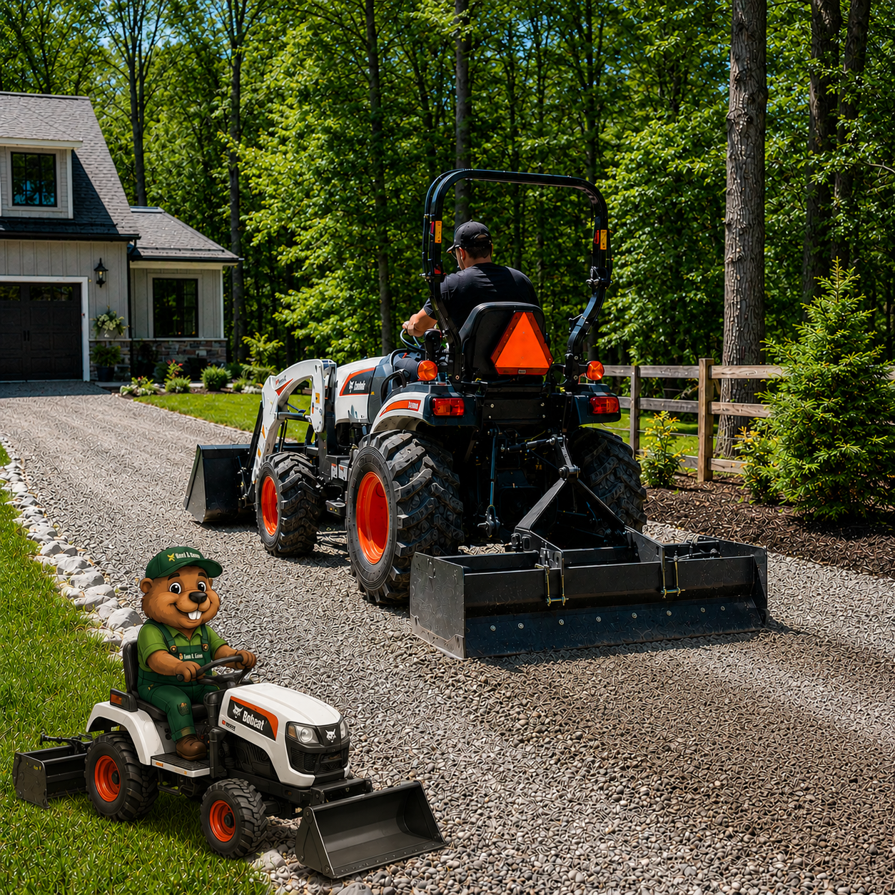 Compact tractor grading a gravel driveway for Root & Gone driveway and lot grading services.