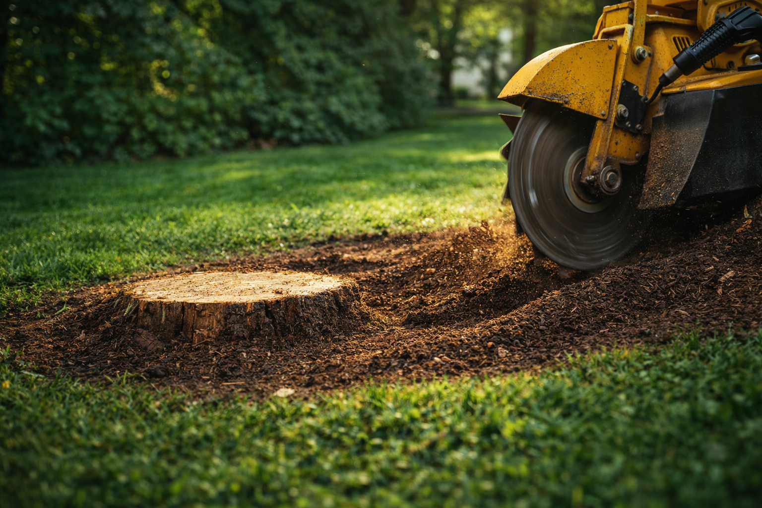 A yellow power saw cutting through a tree stump in a grassy backyard.