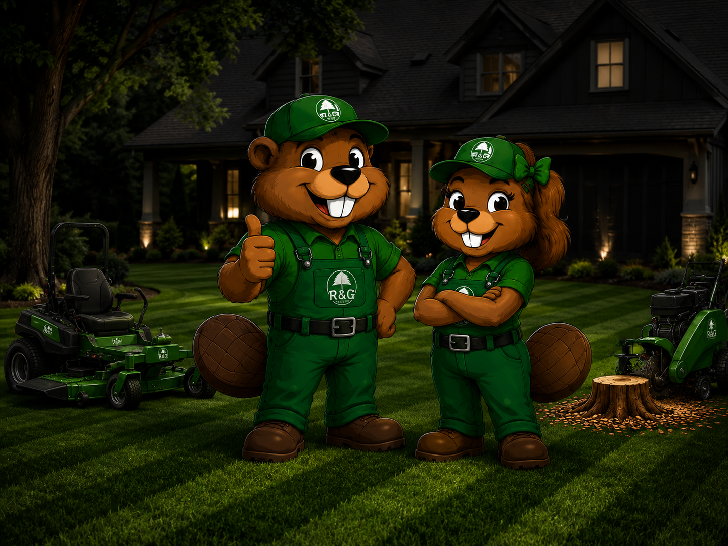Root & Gone beaver mascots standing in front of a commercial property with lawn care equipment, promoting residential and commercial lawn and property services in Southern Maryland.