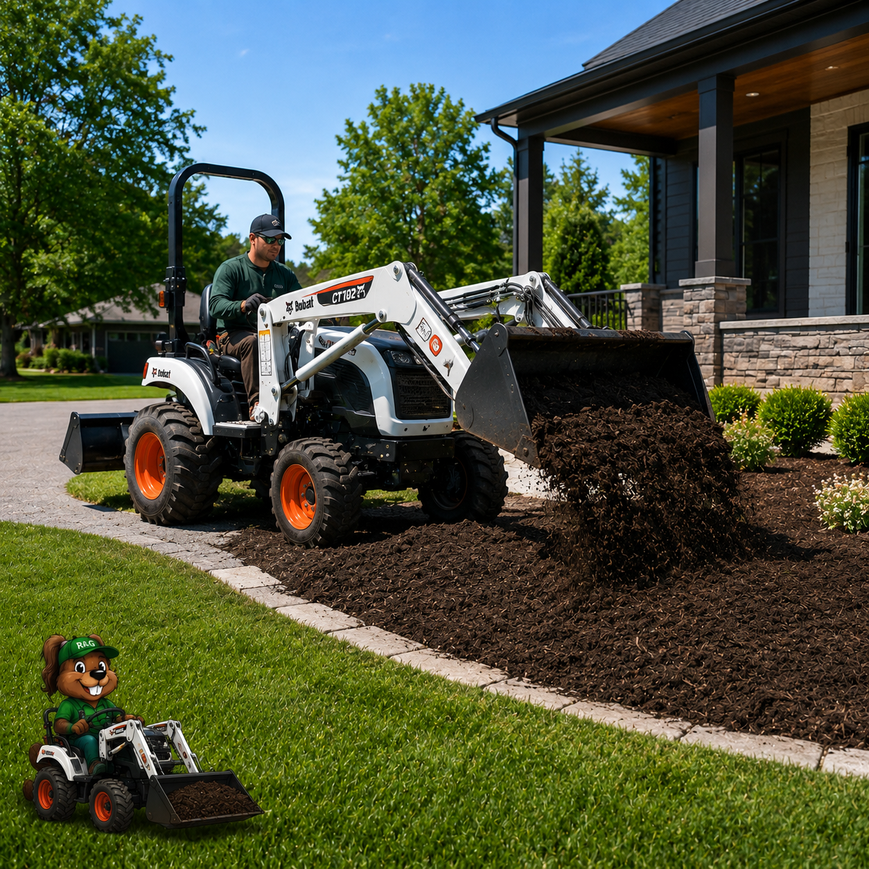 Compact tractor spreading mulch around a landscaped residential property for Root & Gone material moving and spreading services.