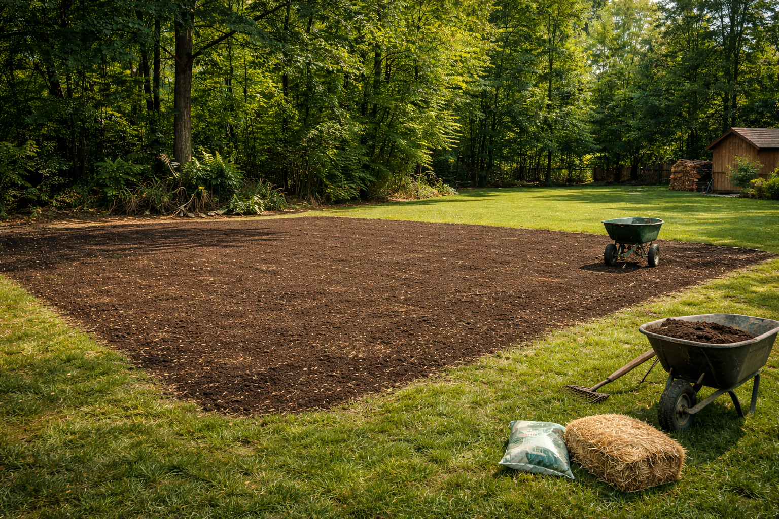 A backyard scene showing a patch of dark, freshly tilled soil for gardening, with a green wheelbarrow and a smaller wheelbarrow filled with soil, a rake, a bag of soil, and a roll of burlap fabric in the foreground. There are trees and a small wooden shed in the background.