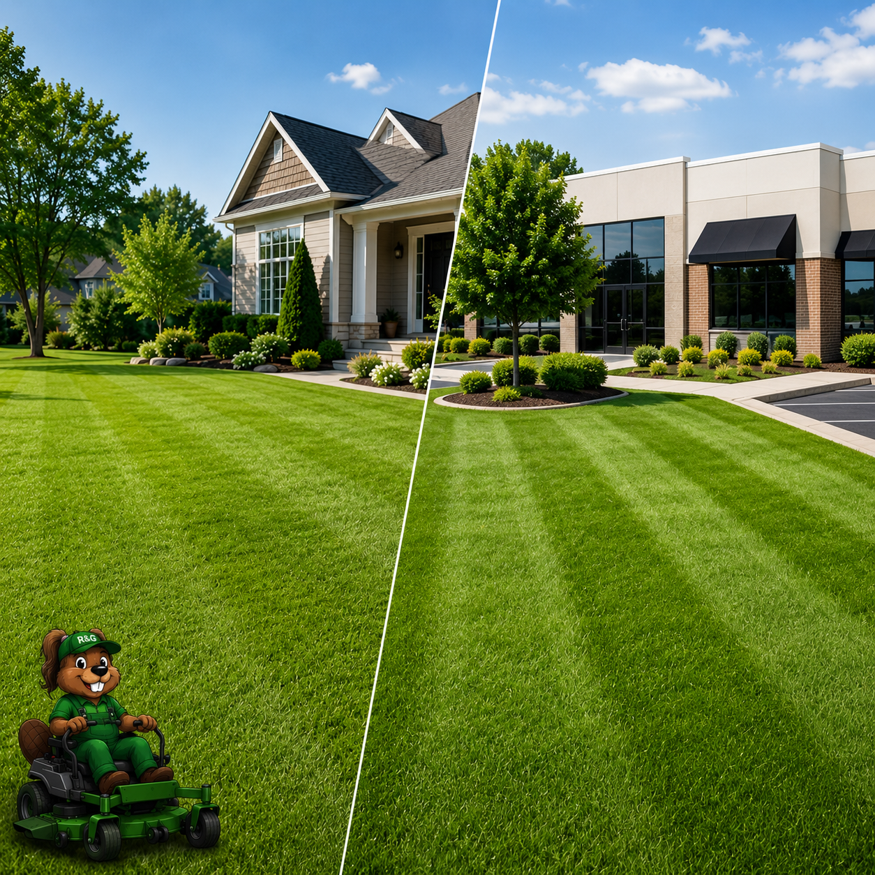 Freshly mowed residential and commercial lawn showing clean mowing lines for Root & Gone lawn care services in Southern Maryland.