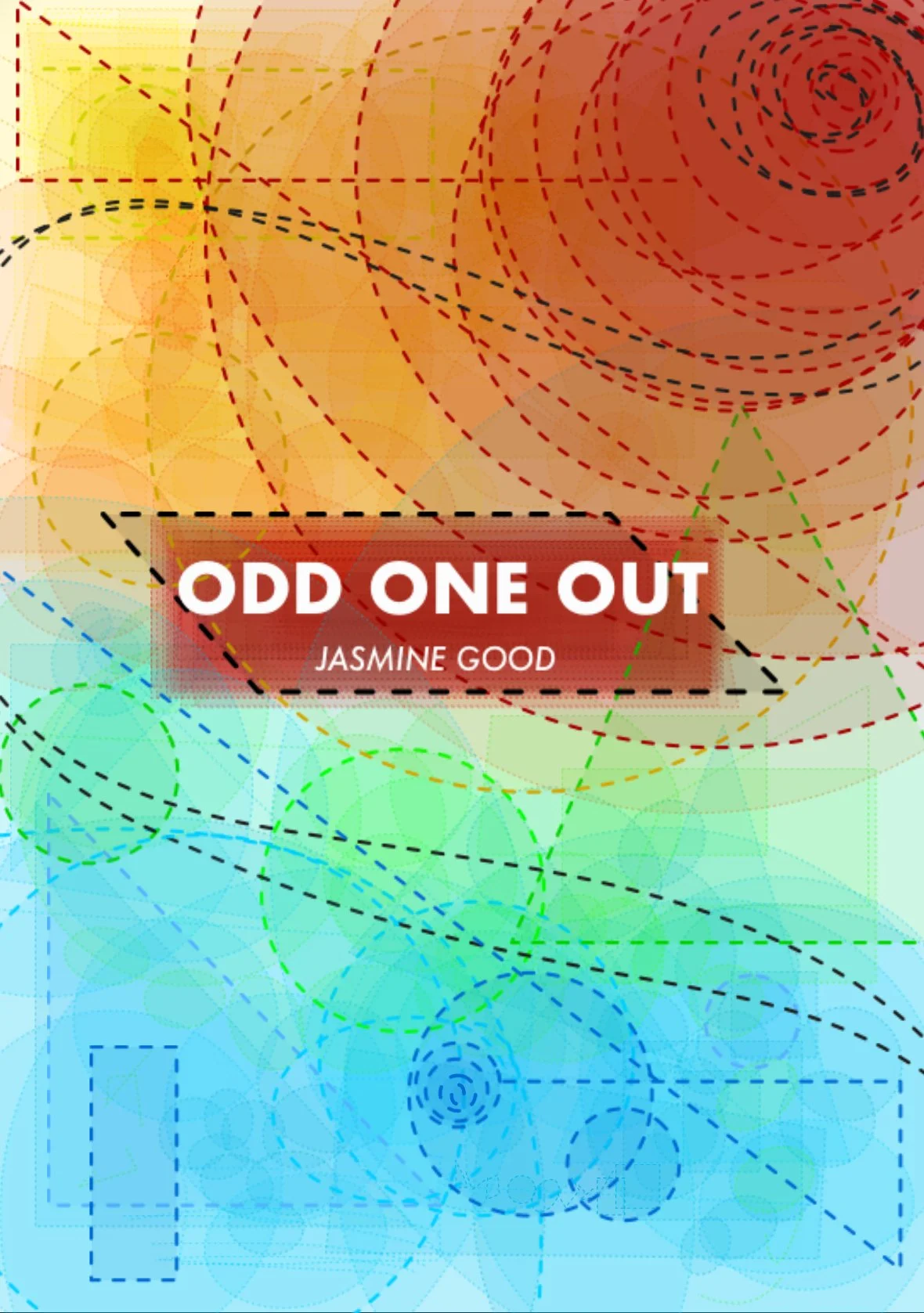 Colorful abstract background with circles and dashed lines, featuring a red rectangular banner with white text that reads "Odd One Out" and smaller text "Jasmine Good".
