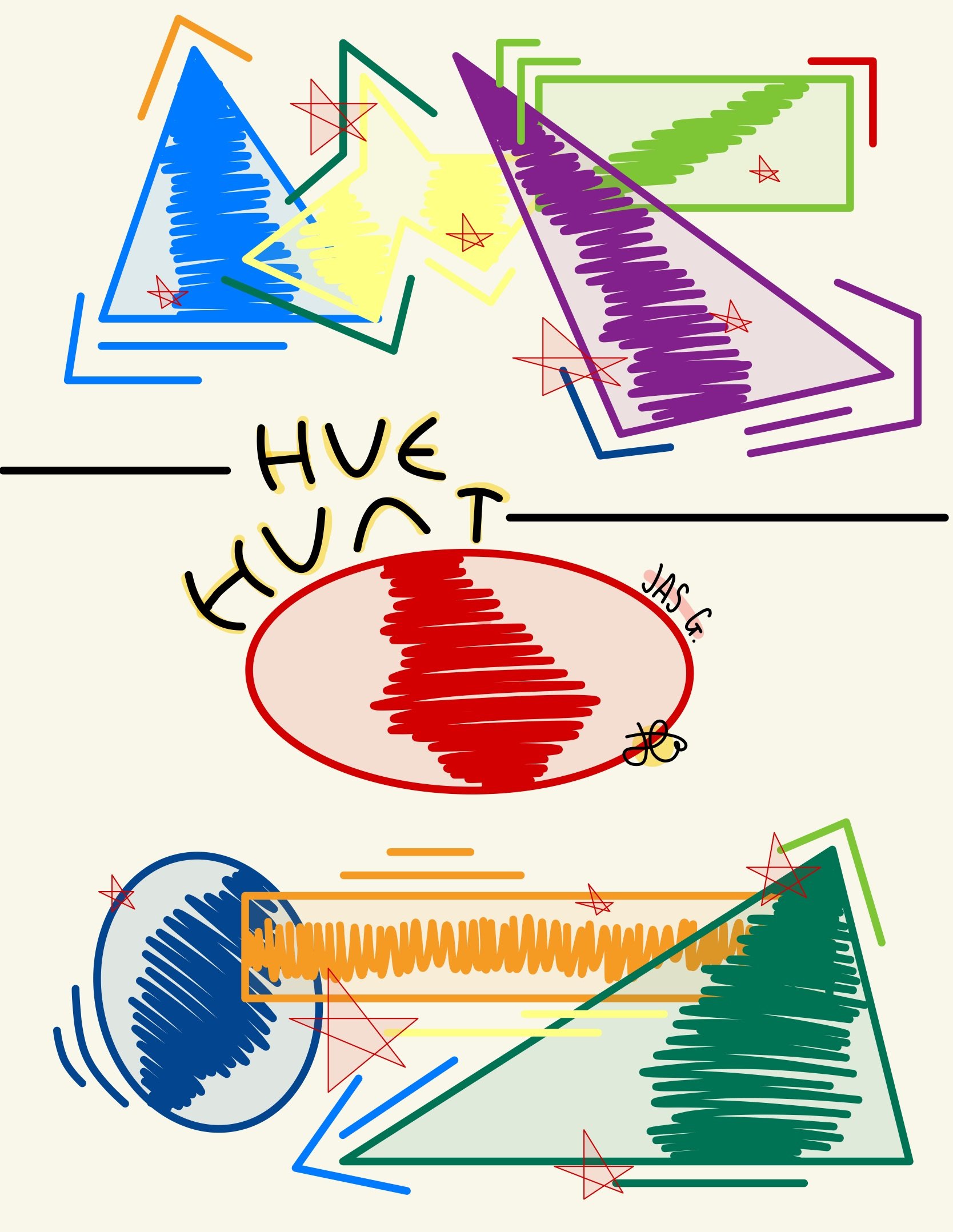 Abstract colorful line drawings of various geometric shapes and stars, with the words "HUE HUT" in the center, and a small butterfly next to "JAS G".