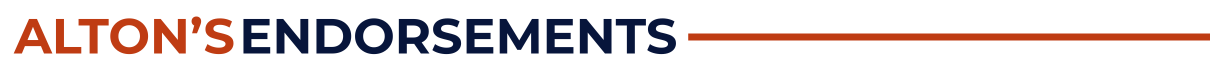 Alton's Endorsements header text with orange and blue font on a white background.