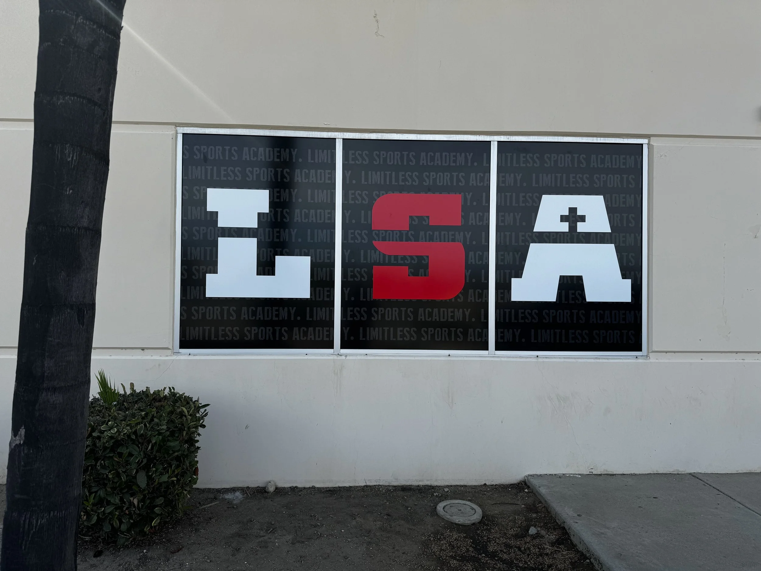 Sign with the letters 'L', 'S' in white and a red 'S', on the exterior wall of a building, with a sidewalk, a small bush, and a palm tree in front.