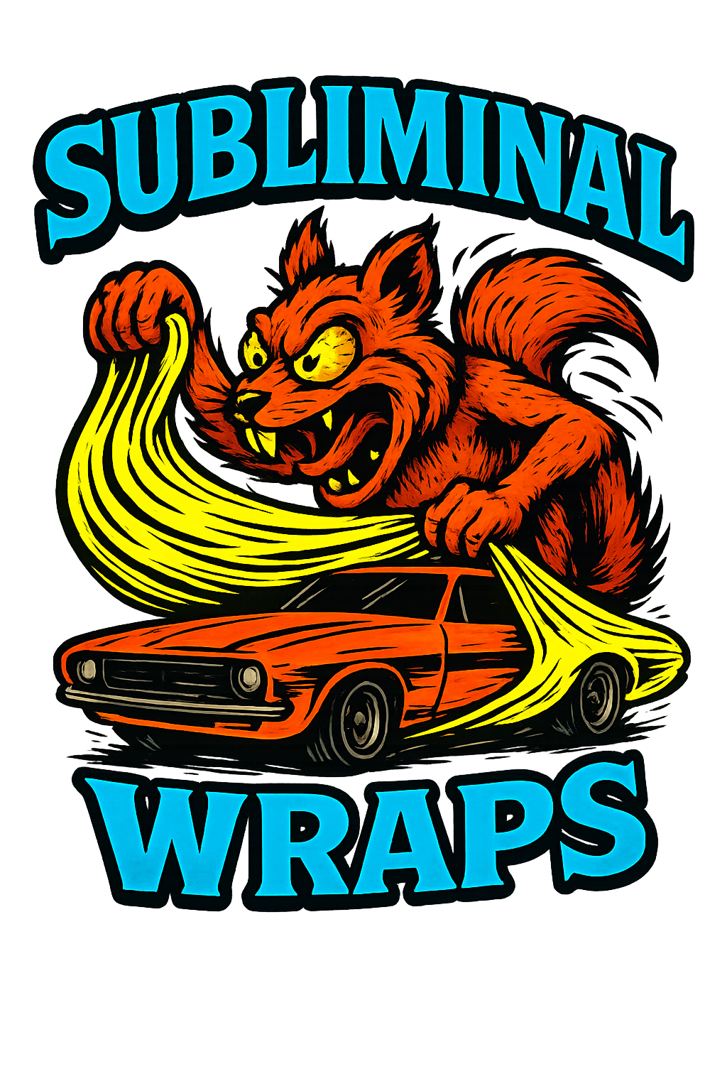 A neon sign with a cartoon wolf with yellow eyes and sharp teeth, holding a yellow wrap, over a red car. The words "SUBLIMINAL" and "WRAPS" are in bright blue text.