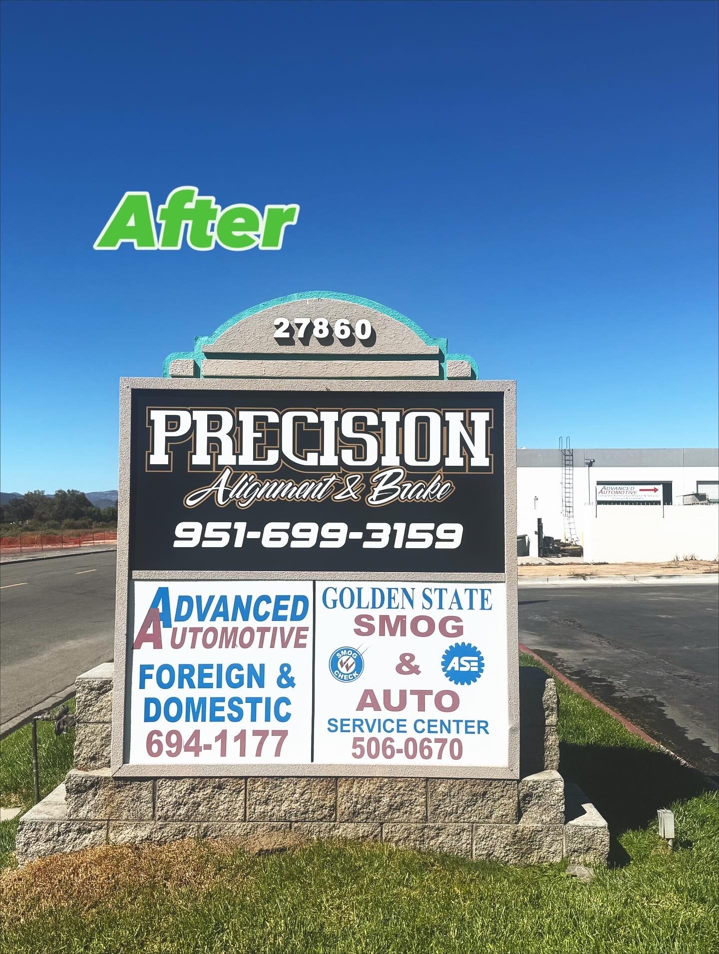 Sign for Precision Alignment & Brake with contact number, advertising services for foreign and domestic auto service, smog check, and service center in front of a clear blue sky.