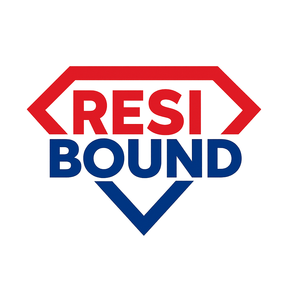 The image features a stylized logo with the words "Res Hit" in red and "Res BOUND" in blue, arranged inside a diamond-shaped outline, resembling a superhero emblem.