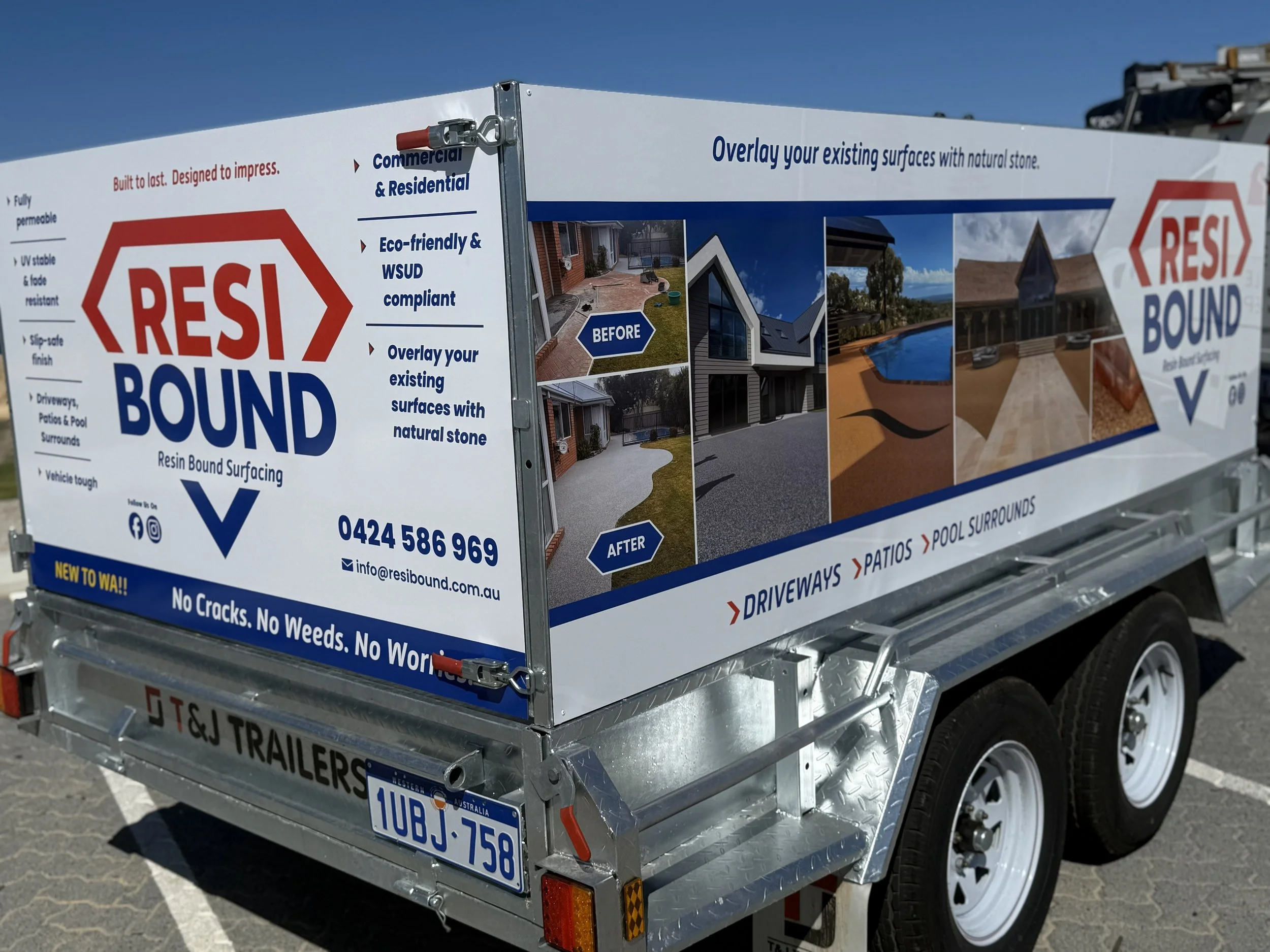 Resin bound trailer signage showcasing resin bound surfacing for driveways, patios, and pool surrounds in Perth WA. Includes before-and-after photos, eco-friendly features, contact details, and branding for fast, UV-stable, permeable stone