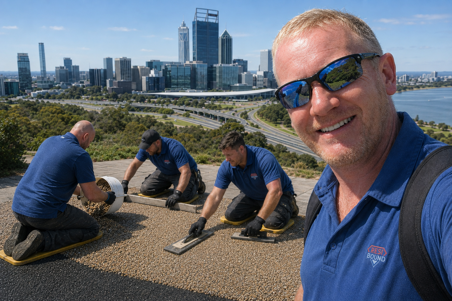 A smiling man in sunglasses takes a selfie during a roofing project on a rooftop with a city skyline in the background. Three workers in blue shirts are kneeling on the roof, installing or repairing the surface.