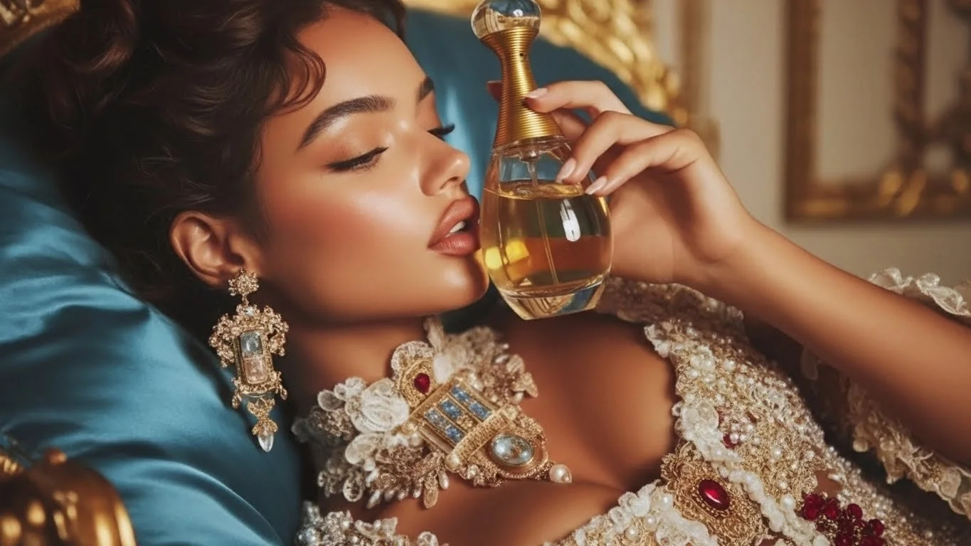 A woman with jewelry resting on a luxurious bed, holding a perfume bottle near her face, with ornate decor in the background.