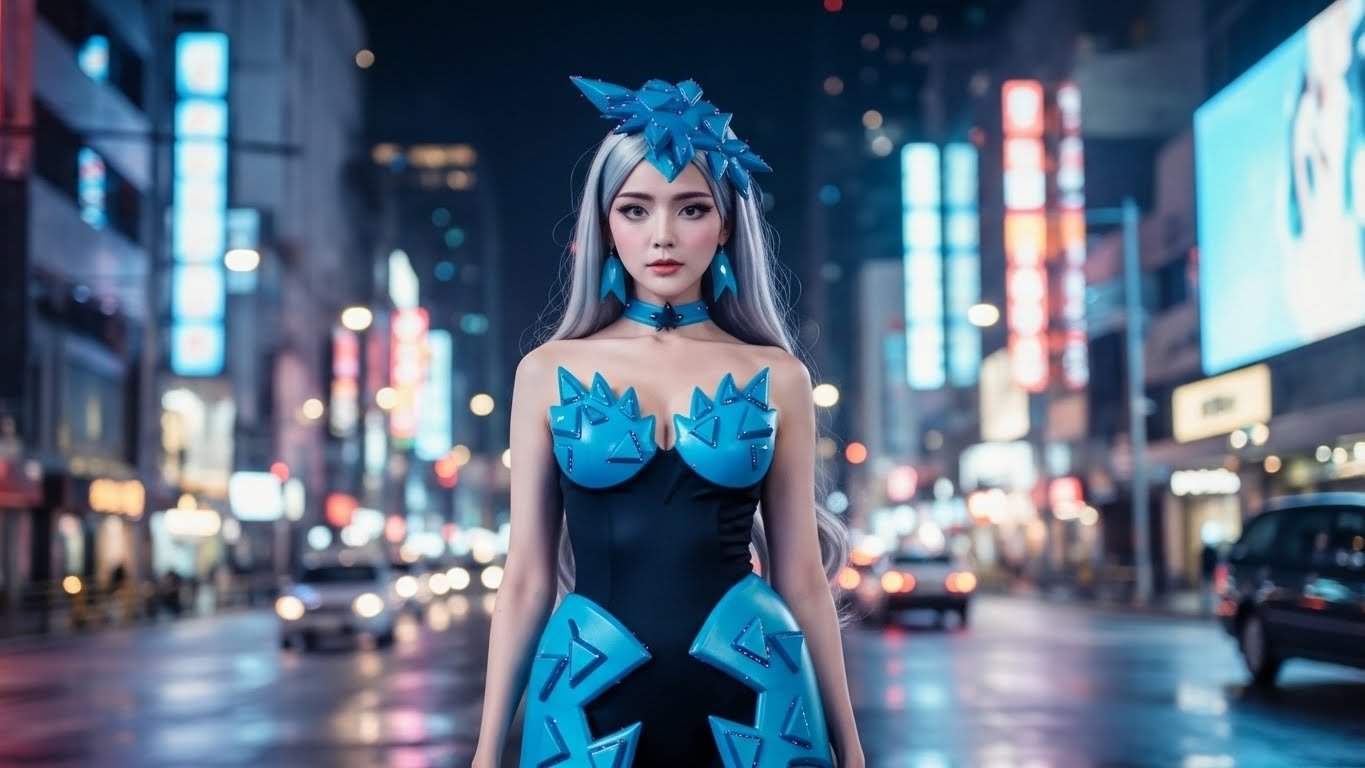 A woman with long, silver hair wearing a futuristic black and blue dress with geometric designs, matching headpiece, and accessories, standing in a city street at night with blurred neon signs and moving cars in the background.