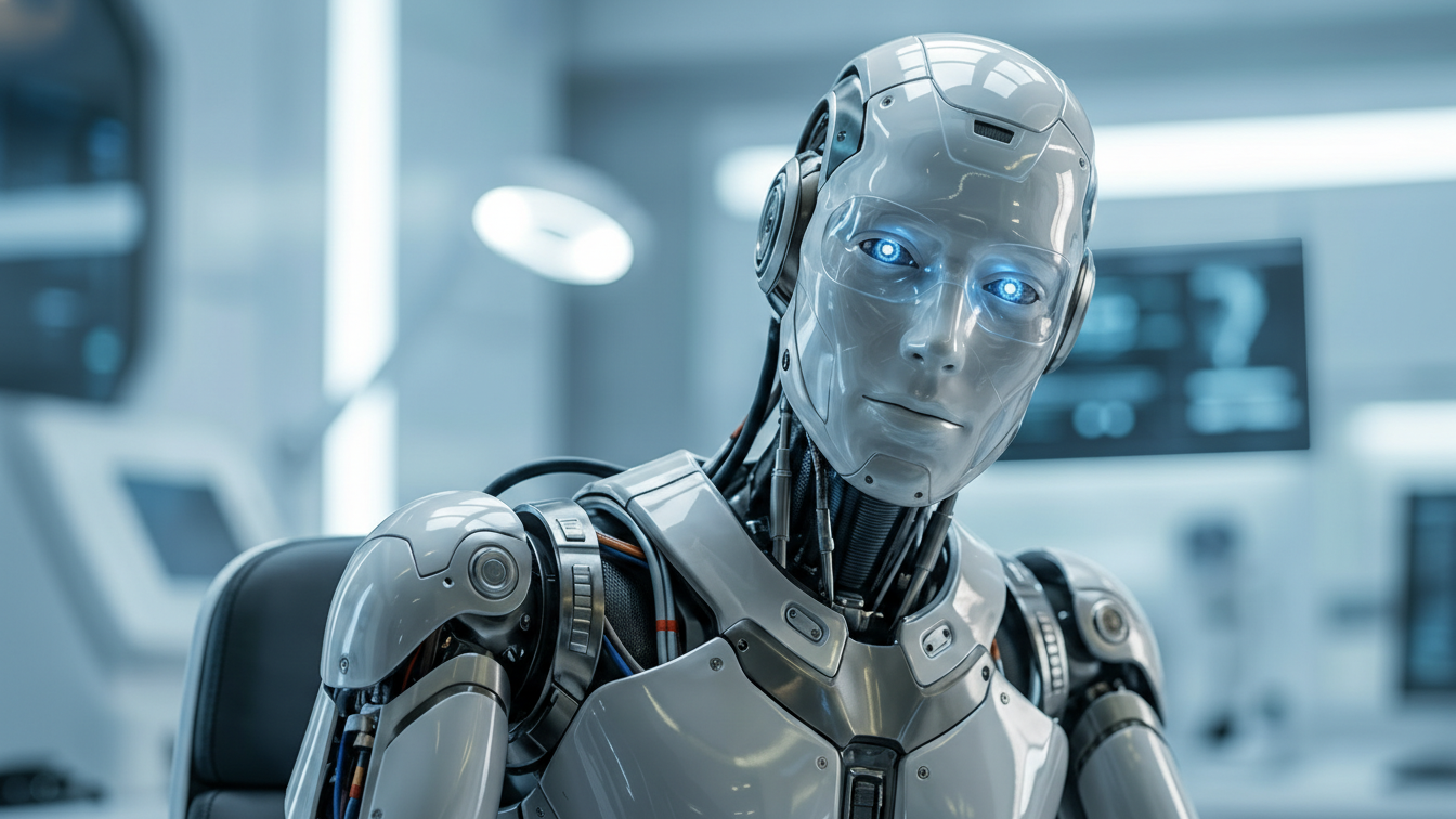 A humanoid robot with a metallic body and glowing blue eyes in a futuristic laboratory setting.