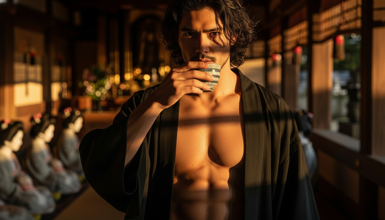 A shirtless man with long, wavy hair holding a striped cup, standing inside a room decorated with traditional Japanese dolls and other ornaments, with warm lighting and a sunset view outside the window.