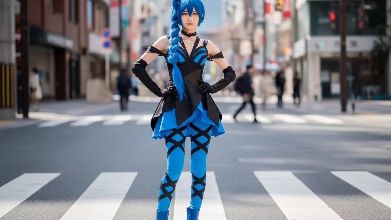 Person in a blue and black costume with long blue hair, standing in the middle of a crosswalk in an urban area.