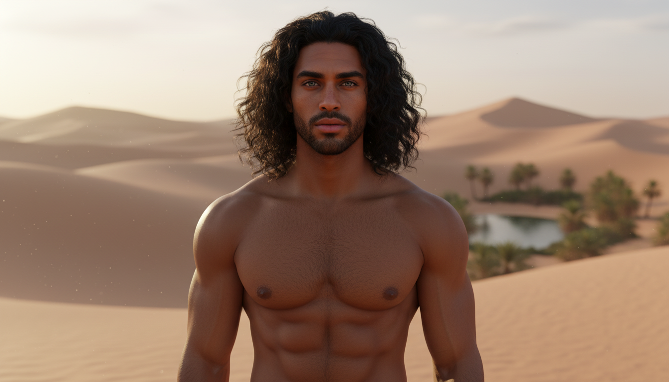 A shirtless man with long, curly black hair standing in a desert with sand dunes and a small water body in the background.