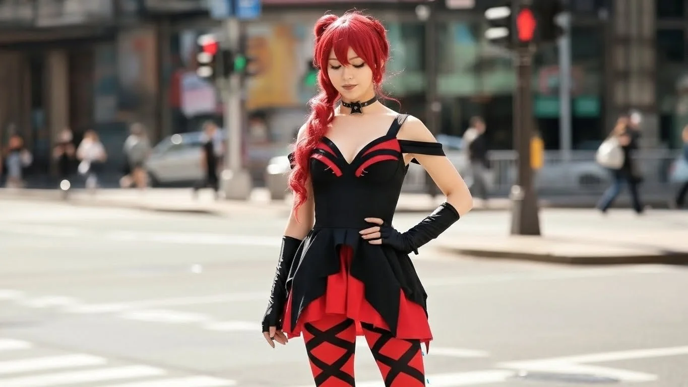 A woman with red hair dressed in a black and red costume standing on a city street at a crosswalk.