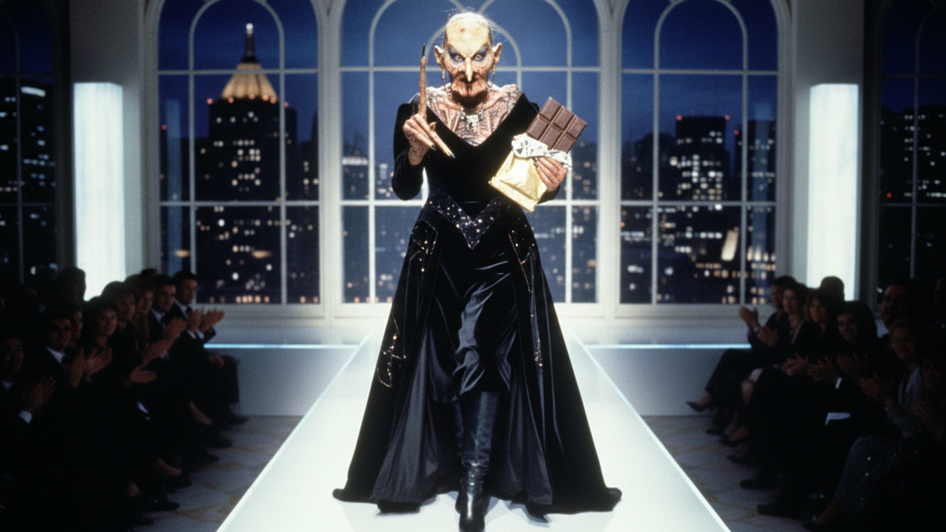 An elderly woman with a stern expression on a runway, holding a bar of chocolate and a gold-wrapped chocolate bar, in a room with city skyline views at night.