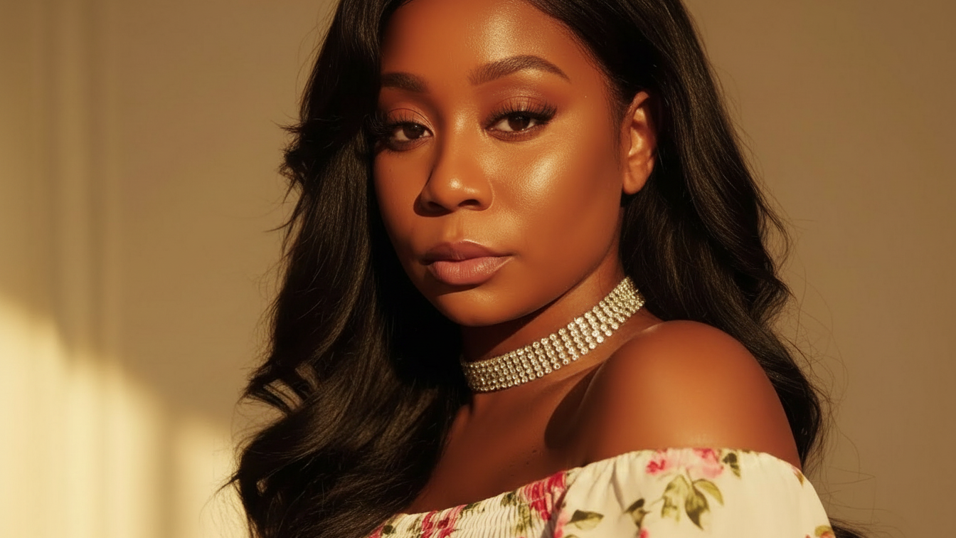 A woman with long, wavy black hair wearing an off-shoulder floral dress and a rhinestone choker necklace