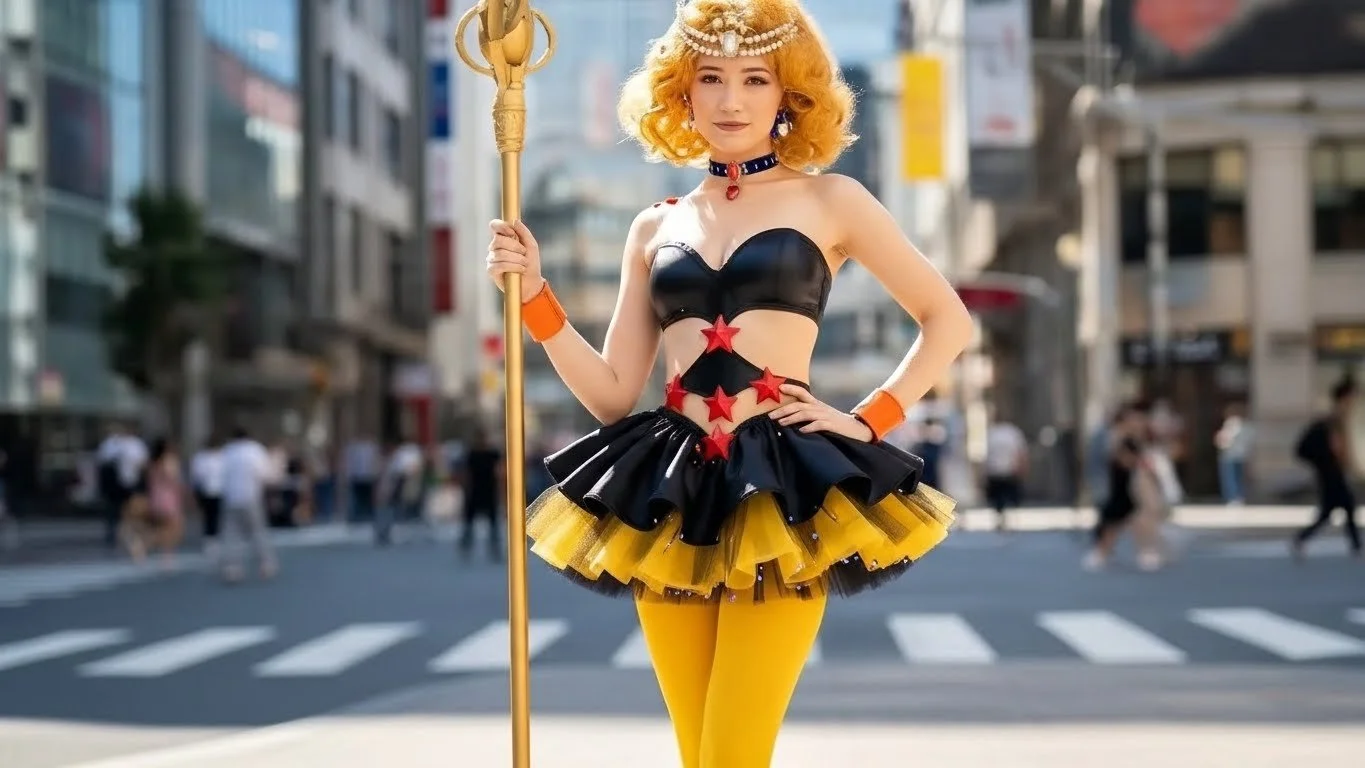 A woman dressed in a black and yellow costume with red stars, holding a golden staff, standing in the middle of a busy city street.