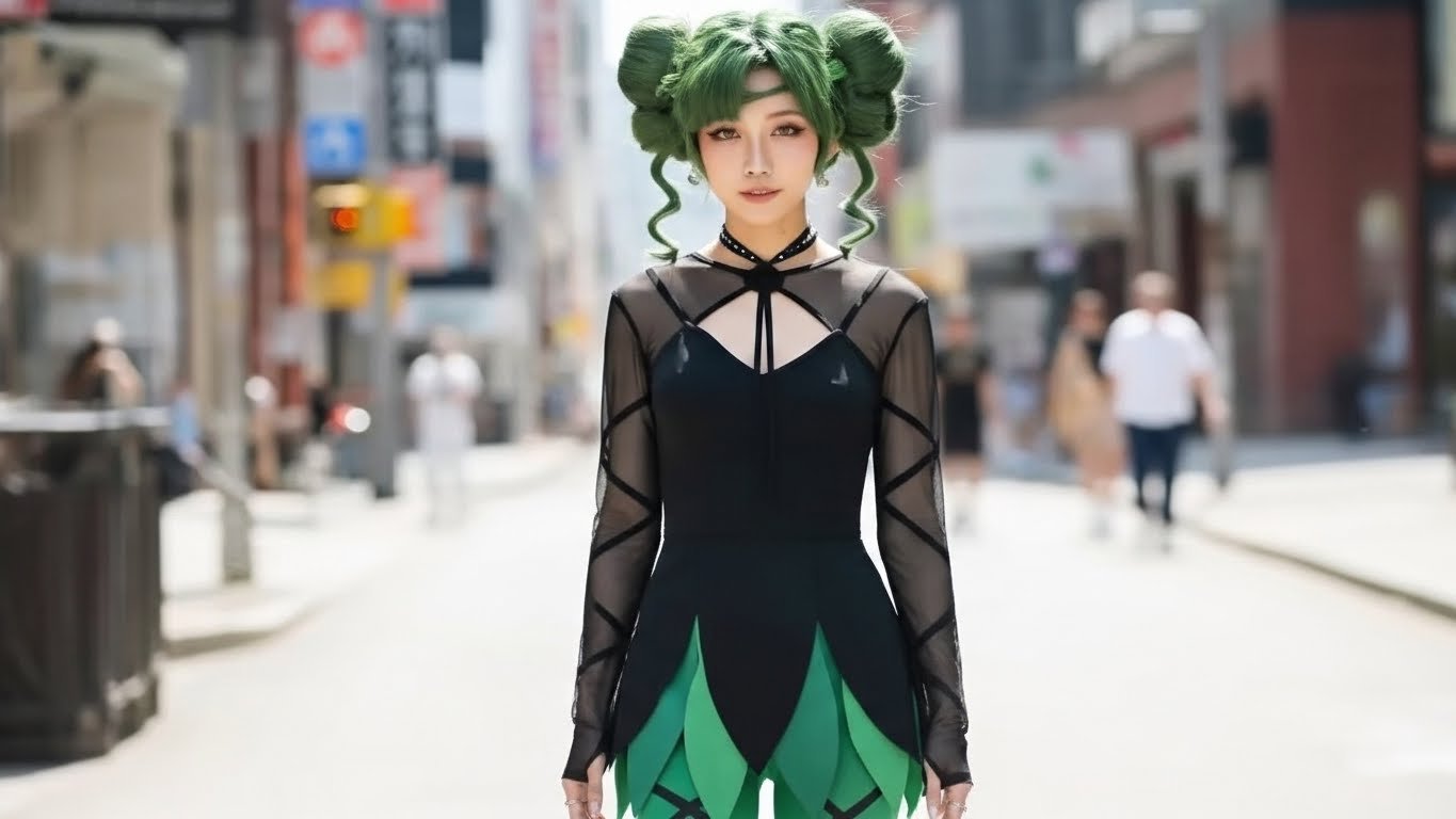 Young woman with green hair styled in large buns standing on a city street wearing a black dress with green petal-like accents and sheer black sleeves.