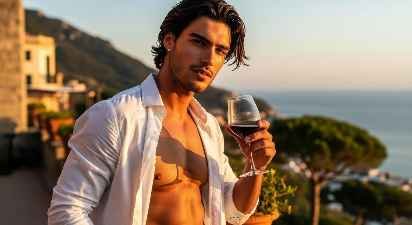 A shirtless young man with dark hair and earrings holding a glass of red wine outdoors at sunset, overlooking a coastal landscape with trees and buildings.