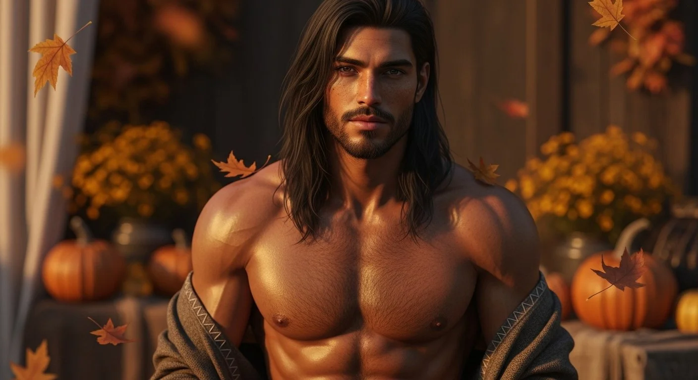 A shirtless man with long dark hair and a beard posing outdoors in autumn surroundings, with pumpkins and fall decorations in the background.