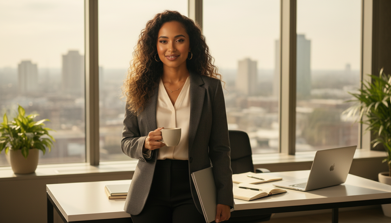 A businesswoman standing in an office, holding a white coffee mug, with a laptop, notebooks, and pens on a desk, and city buildings visible through large windows in the background.