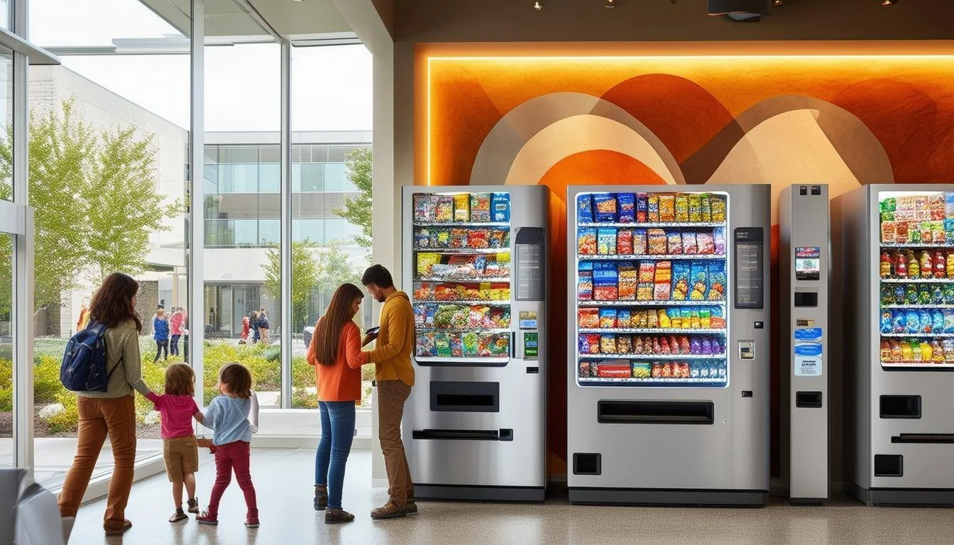 People waiting in line to purchase snacks from vending machines in a modern indoor setting with large glass windows and a colorful abstract wall art.