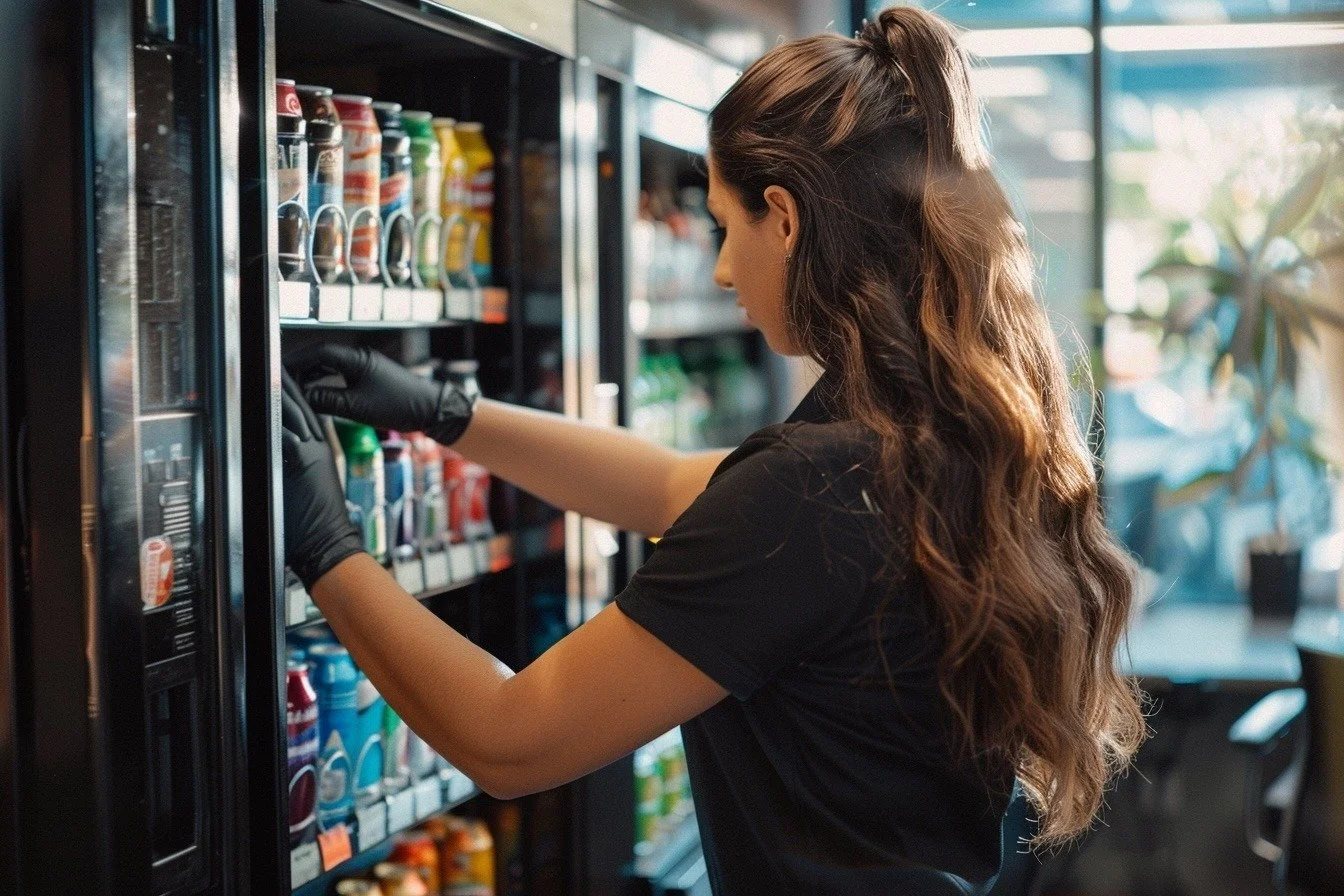 A woman with long wavy hair wearing a black shirt and black gloves is selecting a beverage from a vending machine in a cafe or office setting.