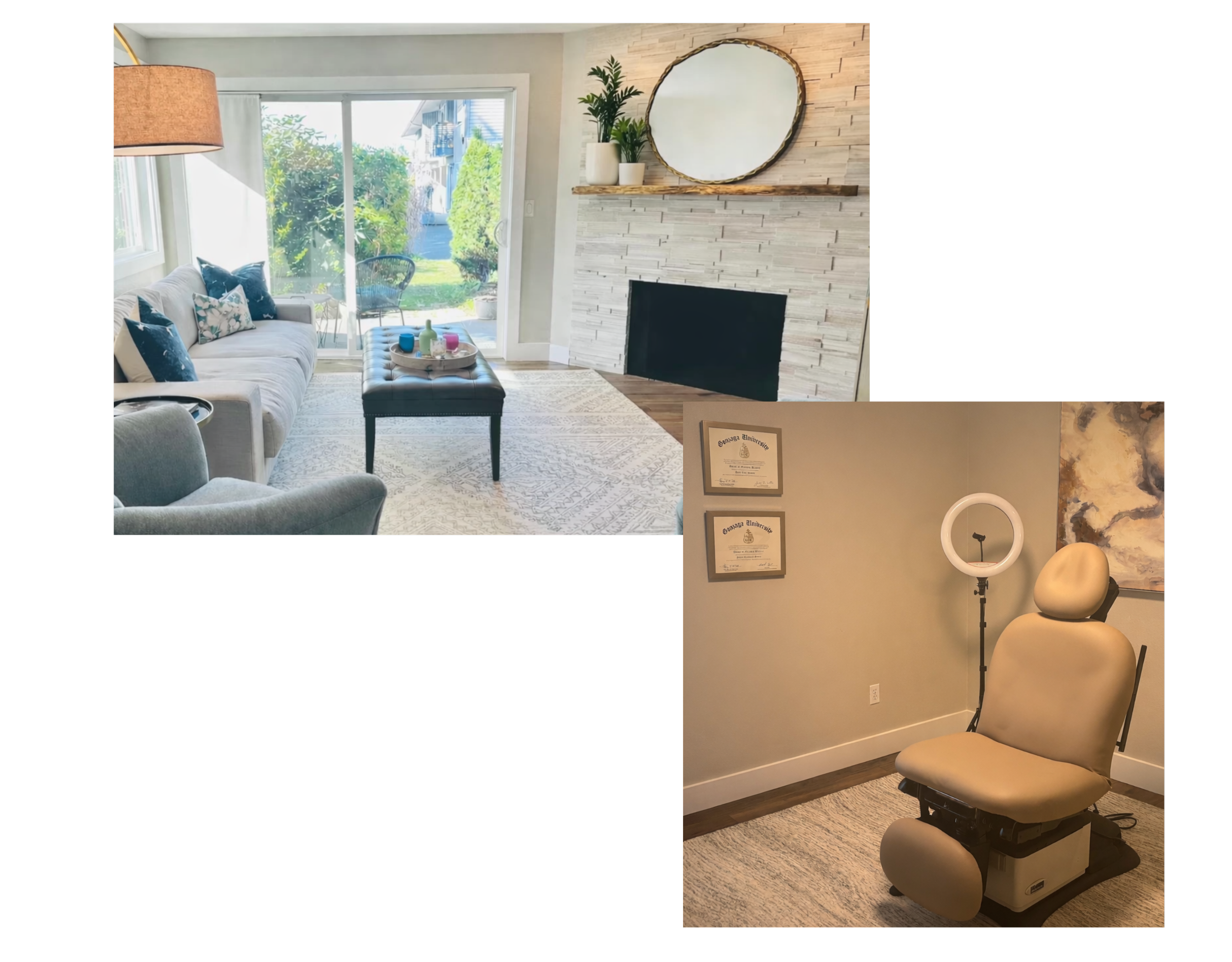 A living room with a white sofa and navy blue pillows, a balcony with greenery outside, a wooden mantel with potted plants and a round mirror above a white stone fireplace, and a neutral-colored chair with certificates on the wall beside a medical examination chair.