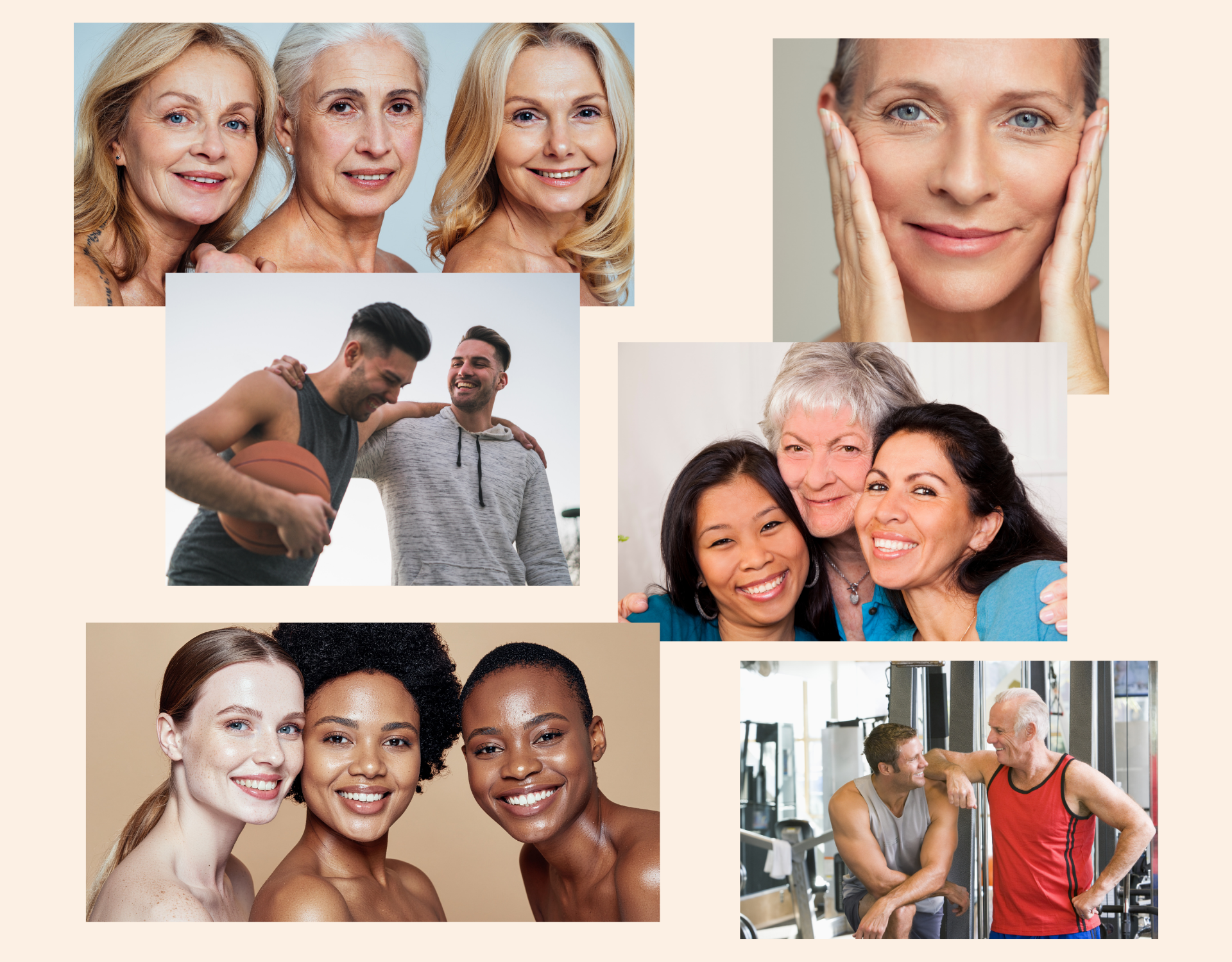 Collage of diverse people smiling, including women of different ages and ethnicities, two men at the gym, and an elderly woman with a group of women, all appearing happy and healthy.
