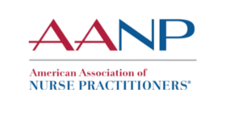 Logo for the American Association of Nurse Practitioners (AANP) featuring red and blue text on a black background.