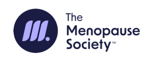 Logo of The Menopause Society, featuring a dark blue circle with three light purple wavy lines and the organization name in blue text.
