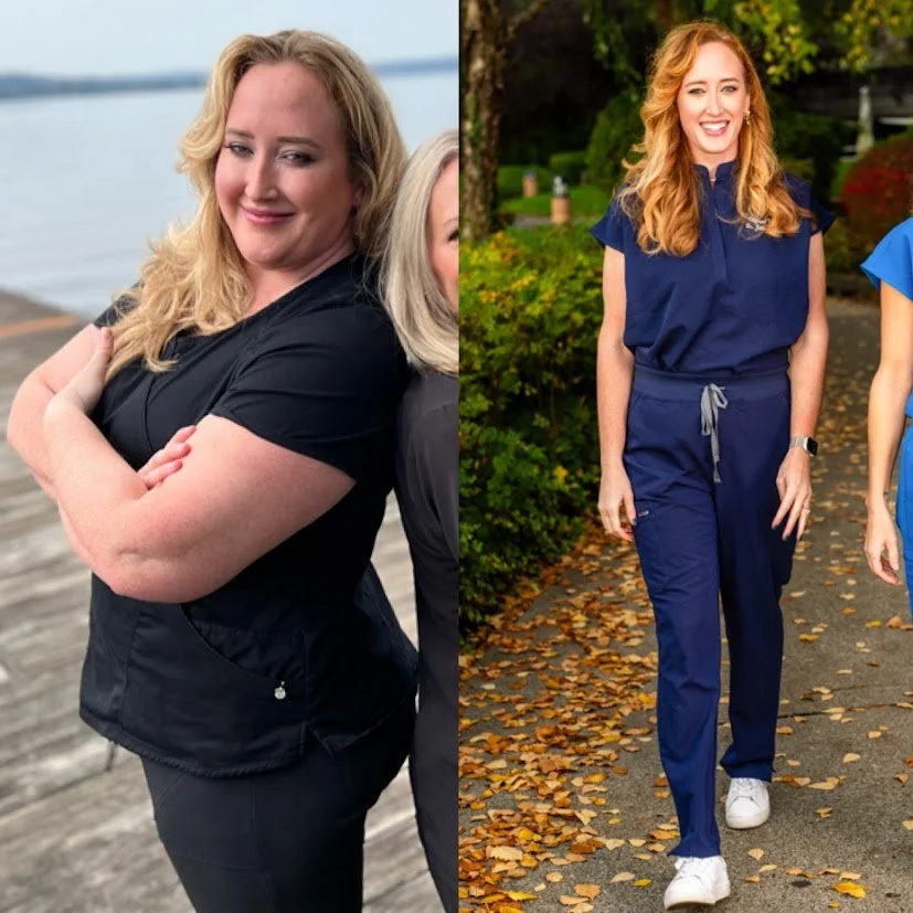 Side-by-side photos of a woman with red hair, smiling. In the left photo, she is outdoors near a body of water wearing a black shirt. In the right photo, she is walking outdoors on a path covered with fallen leaves, wearing a blue outfit.