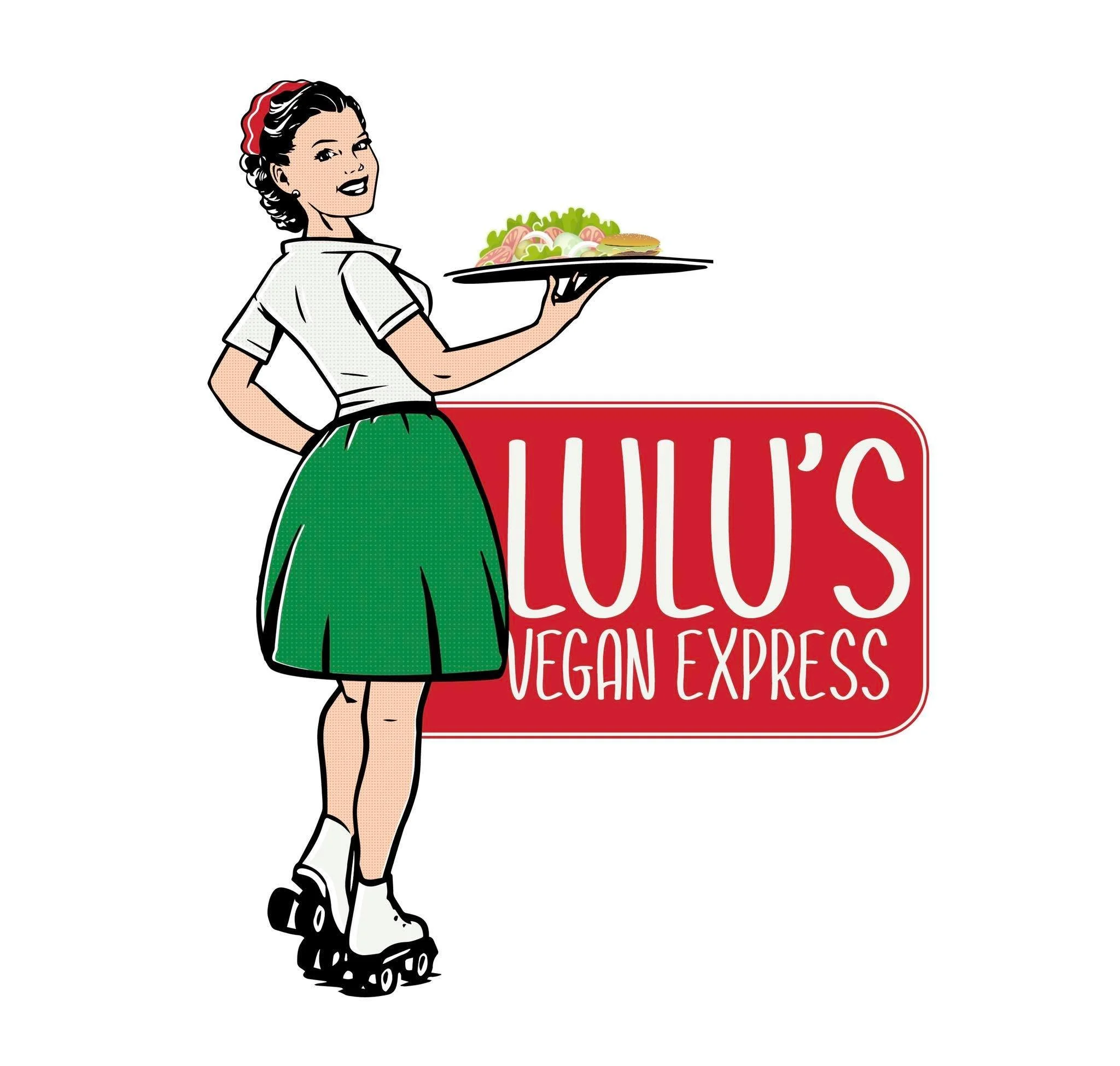 A woman in roller skates wearing a white shirt, green skirt, and red headband, holding a tray of salad in front of a red sign that reads 'Lulu's Vegan Express'.